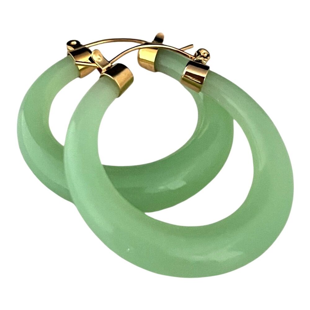 Vintage 1980s Lucite Earrings Green Hoops Gold Plated Leverback - 4V